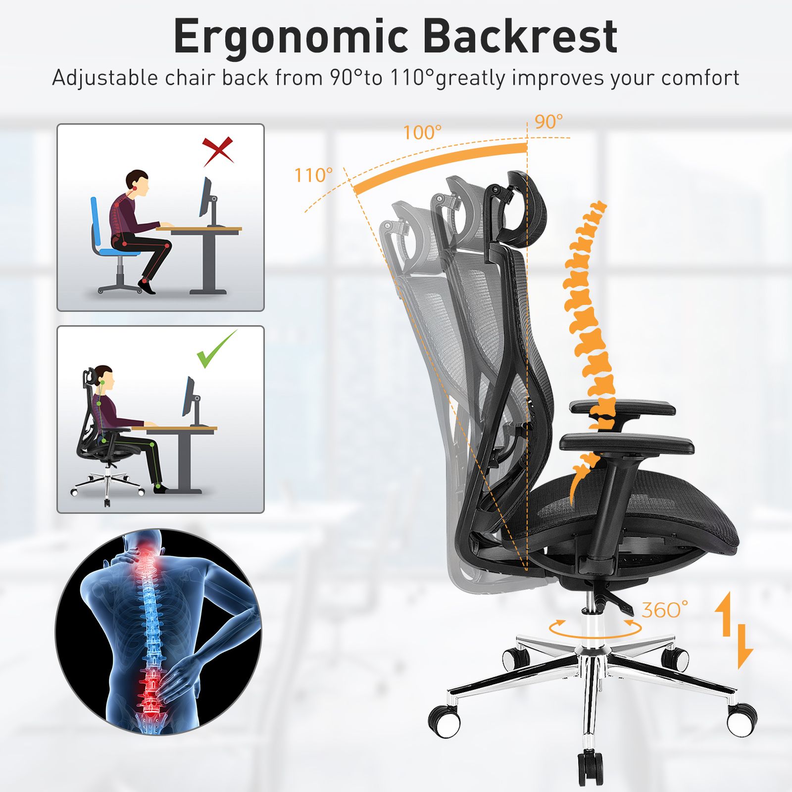 Ergonomic Mesh Office Chair with Sliding Seat, Adjustable Lumbar Support